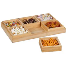 Relaxdays Snackschalen Set, mit Serviertablett, Bambus, 6 Schälchen, für Chips, Nüsse & Süßigkeiten, Servierset, Natur