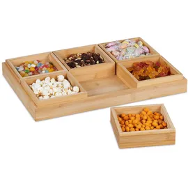 Relaxdays Snackschalen Set, mit Serviertablett, Bambus, 6 Schälchen, für Chips, Nüsse & Süßigkeiten, Servierset, Natur
