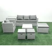 Gartenmöbel-Set 7-Sitzer Polyrattan Sofa Set mit 3 Hockern Sessel Beistelltisch Hellgrau gemischt - Fimous