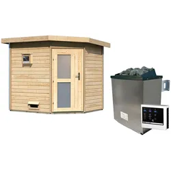 Saunahaus KARIBU "Tore", beige (naturbelassen), Saunaofen, externe Steuerung, 9 kW, Saunen, Milchglastür, Ofen 9 KW externe Strg easy