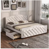 KLAM HOME Polsterbett Bett mit Lattenrost 2 Schubladen Kopfteil mit Zugpunktnieten, Holz & Kunstleder Jugendbett Gästebett 140/160/180 x 200 cm weiß 140 cm x 200 cm