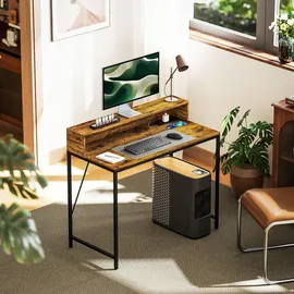 Homcom Computertisch, Schreibtisch mit Anschlüssen, Bürotisch mit Monitorfläche und Ablage, Pc Tisch für Büro, Arbeitszimmer, 100 x 50 x 90,5 cm, Rustikales Braun Holzwerkstoff, 100x90.5x50 Schreibtische, Computertische