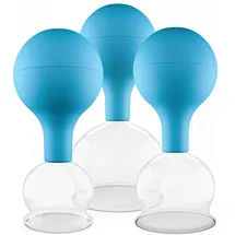 PULOX Schröpfgläser Set aus Echtglas mit Saugball - 3x Medizinisches Schröpfglas in Blau - 40mm, 52mm, 62mm