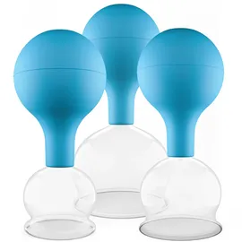 PULOX Schröpfgläser Set aus Echtglas mit Saugball - 3x Medizinisches Schröpfglas in Blau - 40mm, 52mm, 62mm
