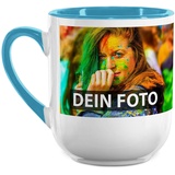 Elegante Fototasse selbst gestalten - mit Foto & Text Personalisieren - Edle Tasse mit abgerundetem Boden - Keramik Innen & Henkel Hellblau, 250ml