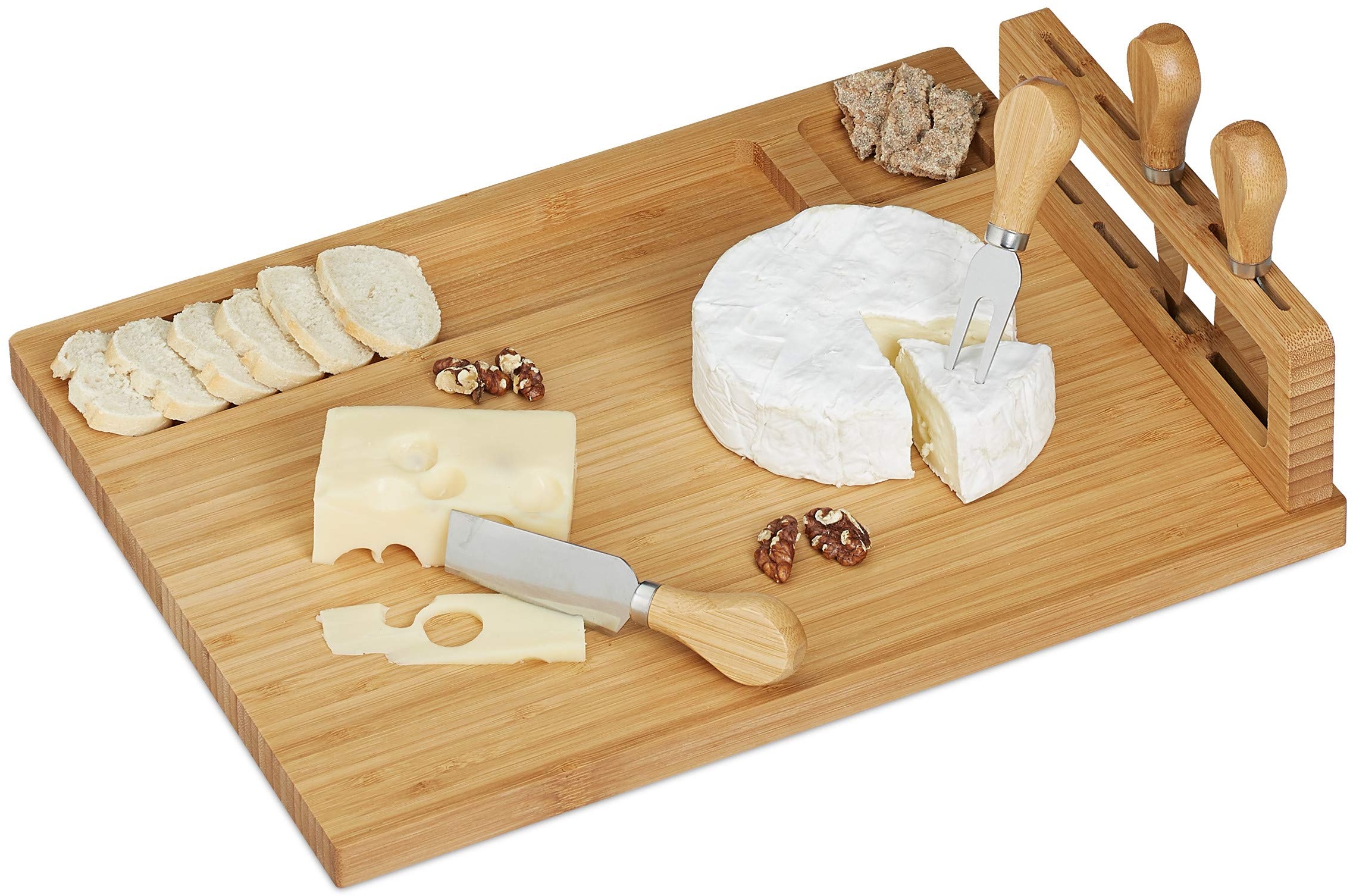 relaxdays 10028826 Käsebrett mit Besteck, Käseplatte mit Käsegabel und-Messer aus Edelstahl, Bambus Käsescheidenbrett, Natur