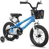 JOYSTAR Pluto 14 Zoll Kinderfahrrad mit beleuchteten Stützrädern, Korb, Flaschenhalter, Kinderfahrrad für Jungen und Mädchen 3-12 Jahre, Blau - Blau