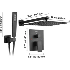 Vevor Duscharmatur Regenduschsystem fürs Badezimmer Duschsystem mit 305 mm quadratischen Regenduschkopf & Handbrause, wandmontierte Badezimmerarmaturen mit Messingventil & Zierset, Mattschwarz