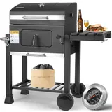 Schwarz Holzkohlegrill XL, Grillwagen Holzkohle, Groß Kohlegrill, Smoker Holzkohlegrill mit Deckel, Rädern, Grillrost, Thermometer und Edelstahl-Griff, Höhenverstellbar, BBQ Grill für Camping