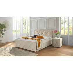Boxbett LEONIQUE "Alfie, Topseller Inkl. Bettkasten&Topper", beige, L:211cm, Holzwerkstoff, Spanplatte, Komplettbetten, Wahlweise mit Knopfsteppung oder Strasssteinen, H2, H3 und H4 wählbar, Topseller