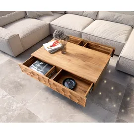 DeLife Couchtisch Solu Akazie Natur 4 Schübe Fuß schwebend Metall Schwarz 3D-Front