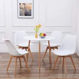DORAFAIR Set aus Runder Esstisch und 4 Skandinavischen Stühlen, für Küche Esszimmer Büro, Weißer Stuhl