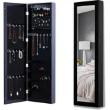 HOMCOM Wand Schmuckschrank mit Haken und Fächern aus Holz, Schmuckschrank mit Spiegel für Ohrringe, Halsketten und Ringe, 37x9.5x121 cm, Schwarz   Aosom