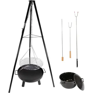 Lemodo Schwenkgrill mit Feuerschale, 52 cm großer Grillrost, Dreibein Grill mit Gulaschtopf,