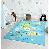 The CarPET Happy Life – Spielteppich Weltkarte mit Tieren & Kontinenten, Kinderteppich für Kinderzimmer, rutschfest & pflegeleicht, Lern‐Teppich, Blau, 160 x 220 cm