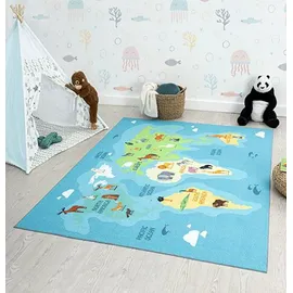 The CarPET Happy Life – Spielteppich Weltkarte mit Tieren & Kontinenten, Kinderteppich für Kinderzimmer, rutschfest & pflegeleicht, Lern‐Teppich, Blau, 160 x 220 cm