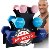 Miweba Sports Hantel-Set Premium Gymnastikhantel-Set NKH120 inkl. Hantelablage, (rutschfest - Fitness Sport Muskelaufbau Training Hantel Set Kurzhantelset Kettlebell Set, 3 Farben, Neopren, Hexagon-Form, 1 kg - 2 kg - 3 kg), Kurzhantel Aerobic Hantel Set Fitnesshanteln Gewichte blau|rosa