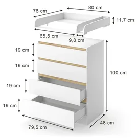 VitaliSpa Wickelkommode Emmi, Weiß/goldkraft Eiche, 80 x 111.7 cm mit 4 Schubladen,