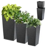 KADAX Blumentopf Set, Blumenkübel aus Kunststoff, Pflanzkübel Set, wetterfester Blumentopf, Innen- und Außenbereich, Outdoor-Pflanzkübel, witterungsbeständiger Blumenkübel (Grafit Rattan 3er Set)