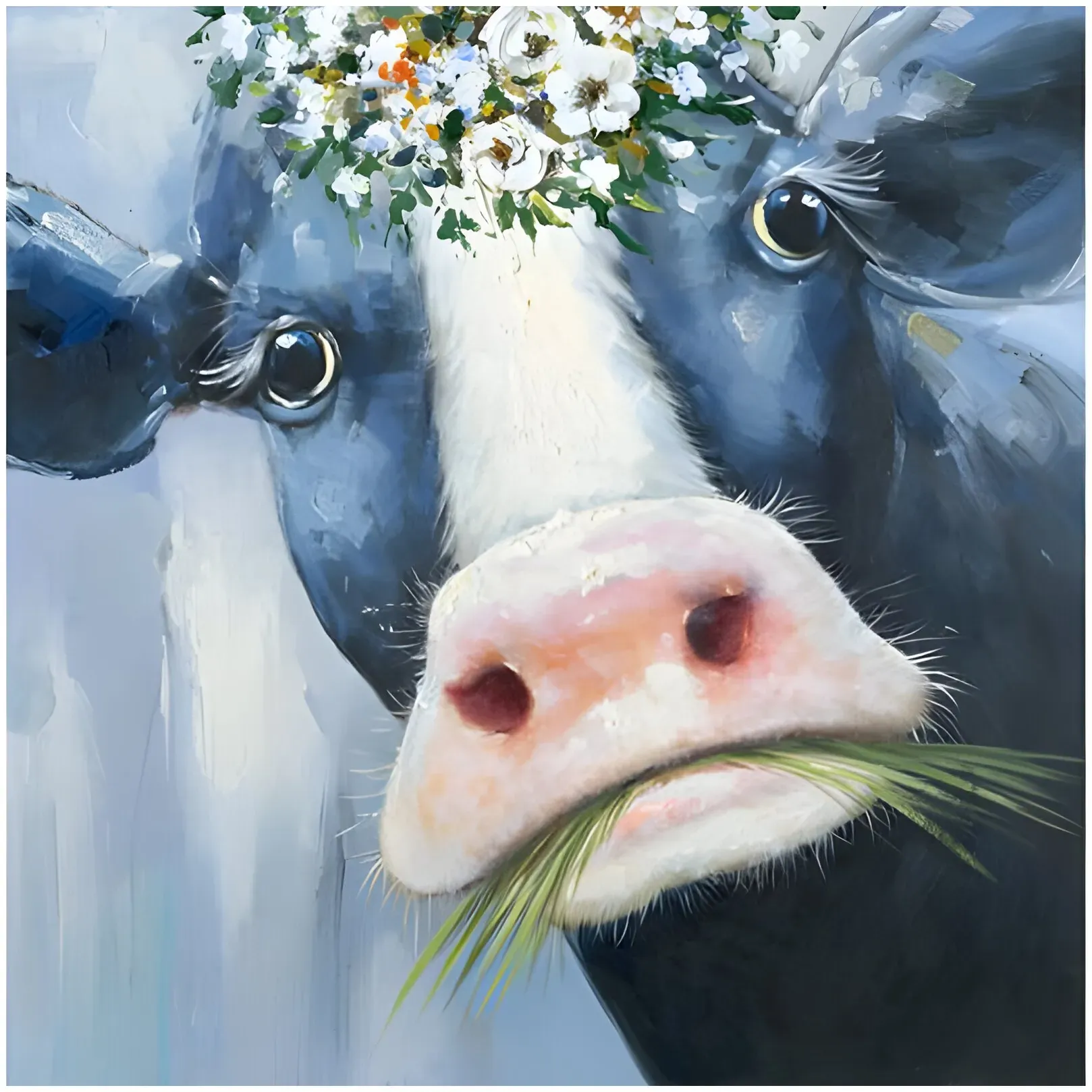 La Casa »Kuhkopf mit Blumen und Gras« Ölbild handbemalt 100x100 cm