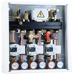 Barberi vormontierter Bausatz bestehend aus Kasten, Verteiler mit hydraulischer Weiche (abschaltbar), vorverdrahtetem Elektrokasten, 2 oder 3 DN 20 Gr