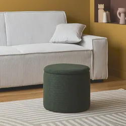 Khaki Hocker mit Stoffbezug und Aufbewahrung für Kissen oder Plaids - Stool