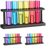 Relaxdays Reagenzgläser Schnapsgläser, 18 Gläser, 3 Halterungen, Kunststoff, 40 ml, Shotgläser Chemie, für Partys, bunt