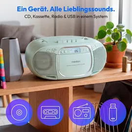 Medion E66476 Stereo Sound System (Boombox, CD-Player, MP3, Kassette, tragbarer Kassettenspieler für Kinder, UKW Radio, AUX, Kopfhörer, Netz & Batterie) grün