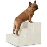 VELORA H&L Hundetreppe 3 Stufen Cremefarben - Stabile Holzkonstruktion mit Veloursbezug, rutschfeste Hundetreppe für Sofa und Bett, Haustiertreppe für Hunde und Katzen, Belastbar bis 80 kg