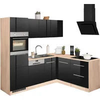 kochstation Winkelküche L-Form 230 x 170 cm schwarz hochglanz