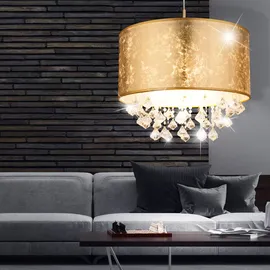 GLOBO Hängeleuchte Textil gold Pendelleuchte Kristalle Esszimmer Wohnzimmerlampe Pendel, Blattgold Optik, App Steuerung cct, 1x Smart RGB LED 10W 806Lm,