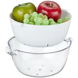 Relaxdays Sieb mit Schüssel, Kunststoff, Obst & Gemüse waschen, Nudeln abgießen, Rührschüssel, Griffe, transparent/weiß