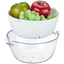 Relaxdays Sieb mit Schüssel, Kunststoff, Obst & Gemüse waschen, Nudeln abgießen, Rührschüssel, Griffe, transparent/weiß