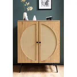 FineBuy Kommode in Eiche Dekor 80 cm Sideboard mit 2 Türen aus Wiener Rattan Geflecht Design Highboard