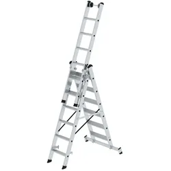 MUNK Stufen- Mehrzweckleiter mit Wandlaufrollen und Nivello® Traverse 3x6 Stufen