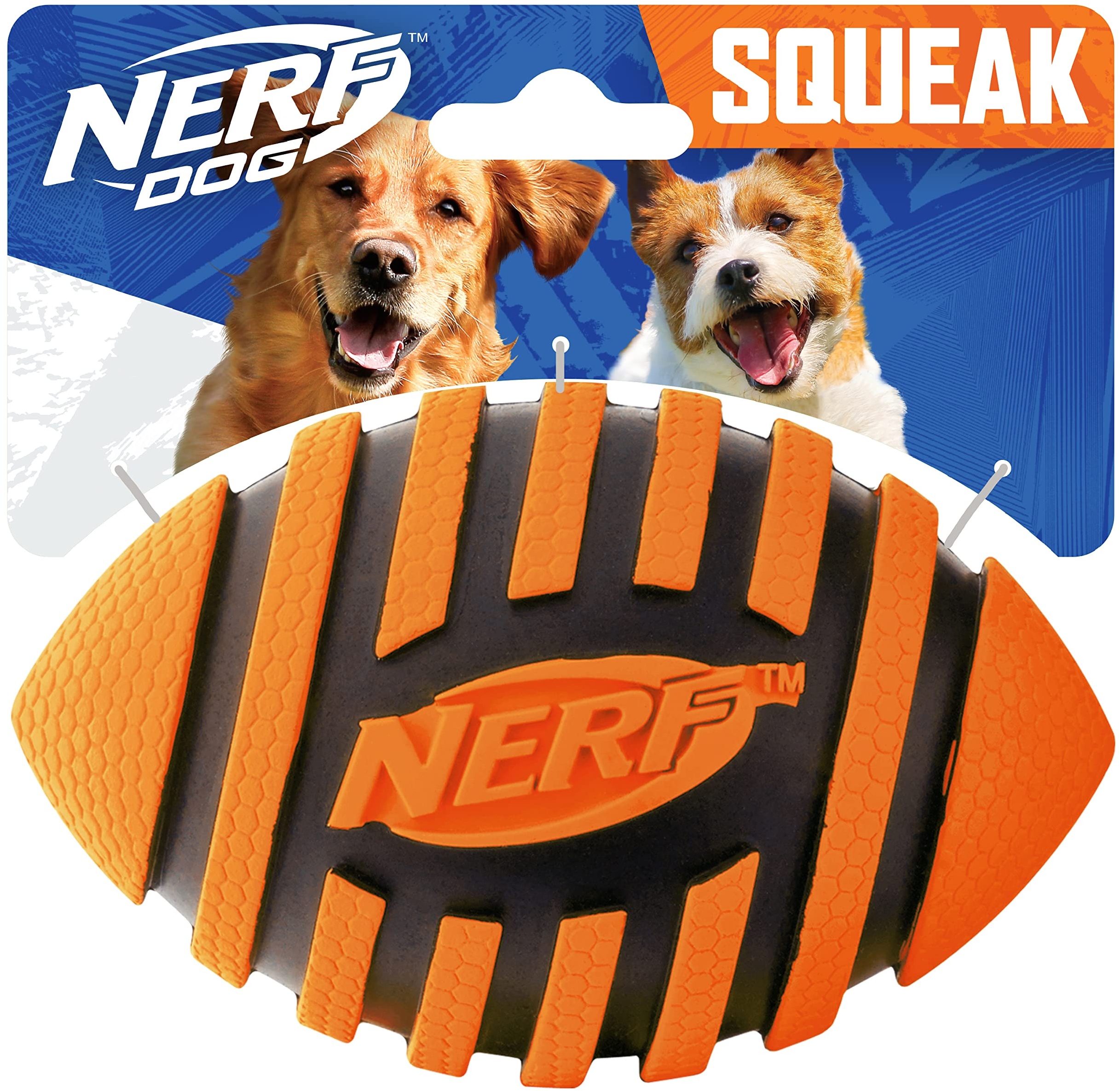 Hasbro Nerf Dog Rubber Football Dog Toy with Spiral Squeaker, Lightweight, Durable and Water Resistant, 5 Inch Diameter for Medium/Large Breeds, Single Unit, Orange (8915)