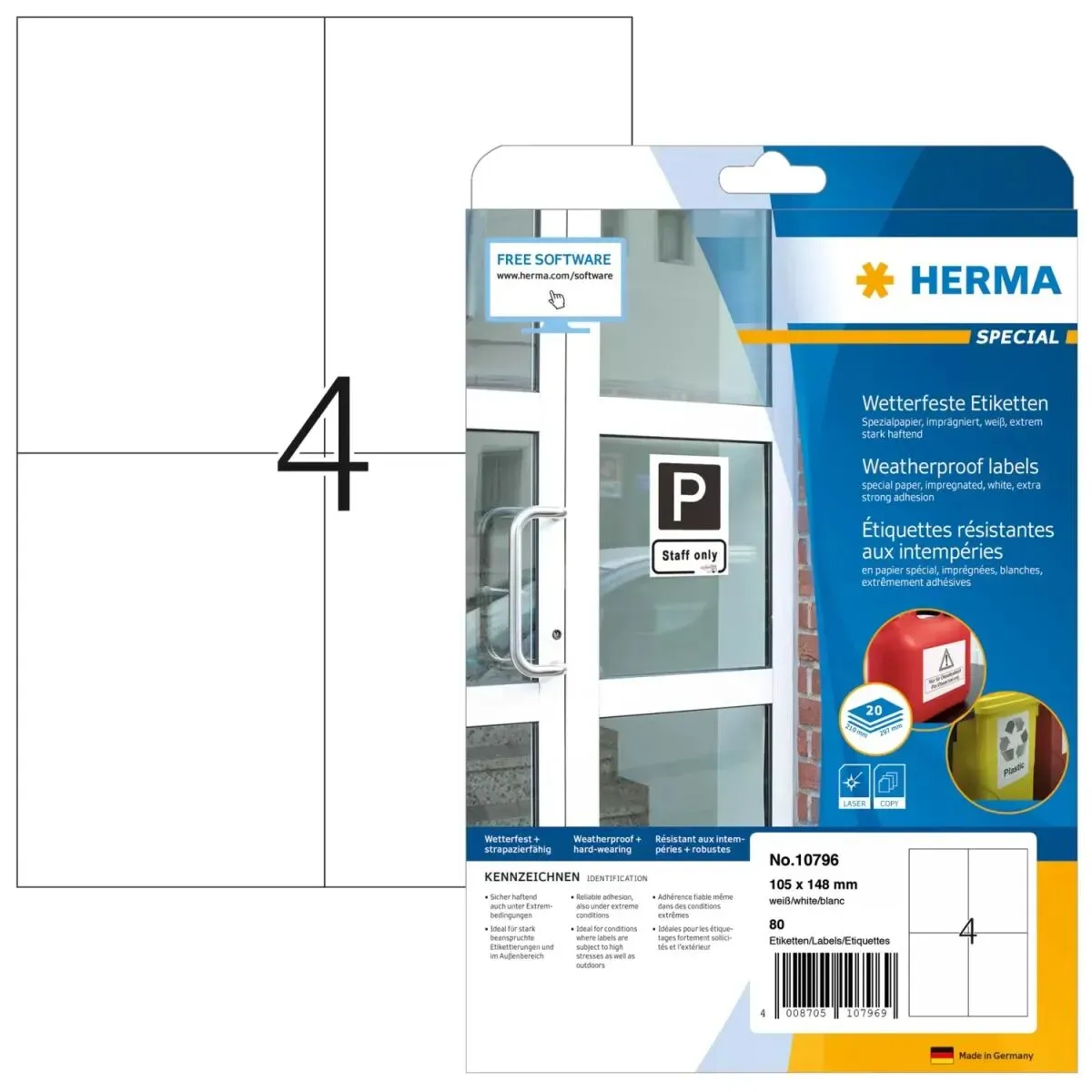 HERMA 10796 selbstklebendes Etikett Rechteck Permanent Weiß 80 Stück(e)