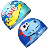 2 Stück Badekappen für Kinder Cartoon Schwimmkappen Stoff Elastische Badehauben Badehut für Wassersport Jungen Mädchen im Alter von 1 bis 8 Jahren (Frischer Stil)