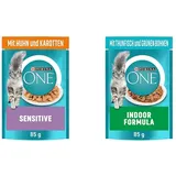 PURINA ONE Sensitive Katzenfutter nass, zarte Stückchen in Sauce mit Huhn, 26er Pack & Indoor Formula Katzenfutter nass, zarte Stückchen in Sauce für Hauskatzen, mit Thunfisch, 26er Pack