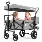 Sekey Bollerwagen Faltbar mit Dach, Kinder Bollerwagen mit XXL Rädern (Ø 24/20 cm) für 1–2 Kinder, Federung & Kugellager, gepolstert & komfortabel, Schiebe- und Ziehgriff, SS8080, Grau