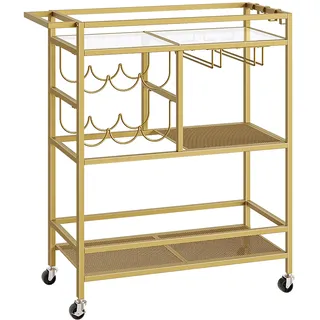 MAHANCRIS Servierwagen mit Rollen, Barwagen mit 3 Etagen und Griff, Küchenwagen, Getränkewagen mit Glas- und Flaschenhaltern, Weinwagen für Küche, Bar, Esszimmer, Gold ARCJ61B01