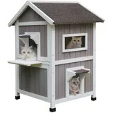 HiCaptain wetterfestes Katzenhaus für Draußen, draußen hölzernes streunendes Katzenhaus 2-stöckiges großes Katzenhaus für 2-3 Katzen-53x53x92cm (grau)