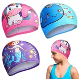 3 PCS Badekappe Kinder, Badekappe Mädchen, Badekappes Kinder Jungen, Badekappes, Geeignet für Jungen und Mädchen Im Alter Von 2-12 Jahren, Reißfest – Geeignet für Langes Und Kurzes Haar/C