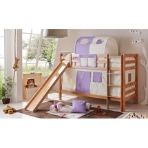 TICAA Etagenbett Lupo mit Rutsche 90 x 200 cm Buche massiv natur lila/beige