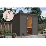 Karibu Saunahaus Außensauna Gartensauna Hytti 3 + 9kw Ofen und HUUM WIFI Steuergerät Sparset 231 x 196 cm Farbe: Terragrau