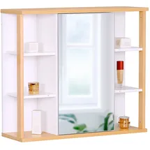 Relaxdays Spiegelschrank, 6 Ablagen, 2 Innenfächer, HxBxT: 64 x 62 x 21 cm, Wandmontage, Bad Hängeschrank, weiß/Natur