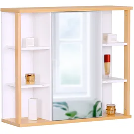Relaxdays Spiegelschrank, 6 Ablagen, 2 Innenfächer, HxBxT: 64 x 62 x 21 cm, Wandmontage, Bad Hängeschrank, weiß/Natur