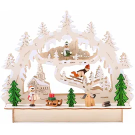 Brubaker LED Lichterbogen Schwibbogen Winterlandschaft mit Kirche, 9 LEDs, Netz- oder Batterie, Holz natur - x 24,5 cm