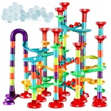 Kinmsito 197 Stück Murmelbahn Set,Mehrfarbige Murmelbahn Marble Run Set mit Glasmurmeln und Bahnelementen,Kugelbahn Lernspielzeug für Jungen und Mädchen(147 Bahnelementen + 50 Murmeln)