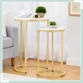 Relaxdays Satztisch, 2er Set, 2 Größen, Marmoroptik, Metall, runde Beistelltische, Wohnzimmer Couchtisch, weiß/Gold